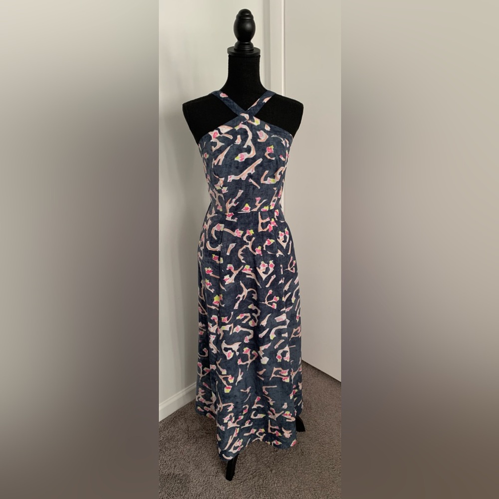 CABI HALTER MAXI DRESS WITH POCKETS - NAVY WITH CORAL DETAILS - SIZE 2